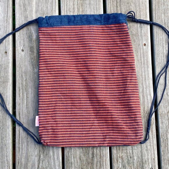 Vintage Candies Brand Sackpack Drawstring Bag Boho Striped Blue Backed Back Pack - Picture 1 of 11